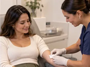 Profissional de enfermagem coloca algodão no braço da paciente após a coleta de sangue.
