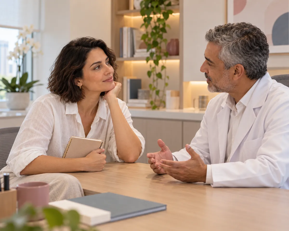 Mulher conversa com o médico no consultório, segurando um caderno com suas dúvidas.