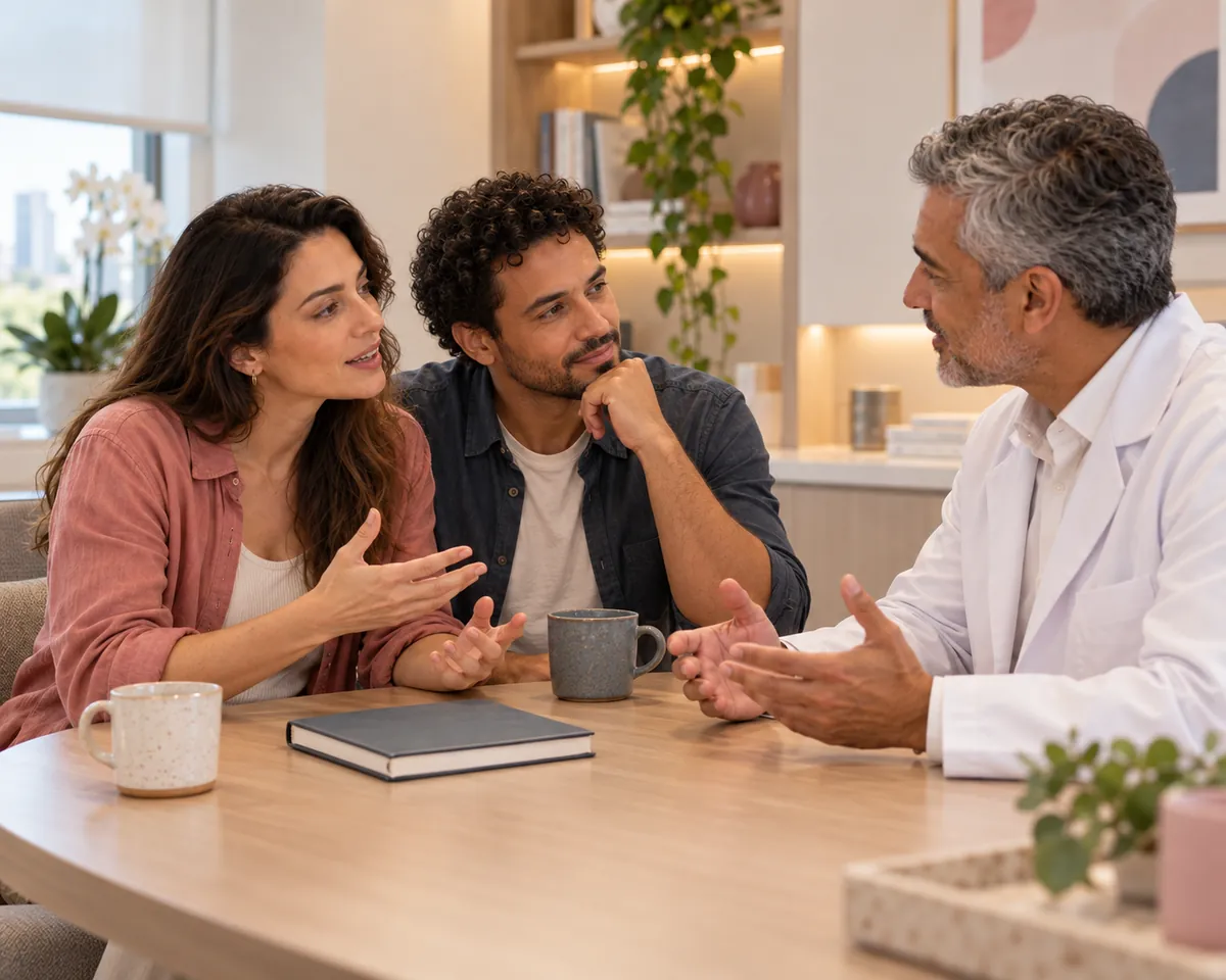 Casal conversa com o médico no consultório, com um caderno sobre a mesa.