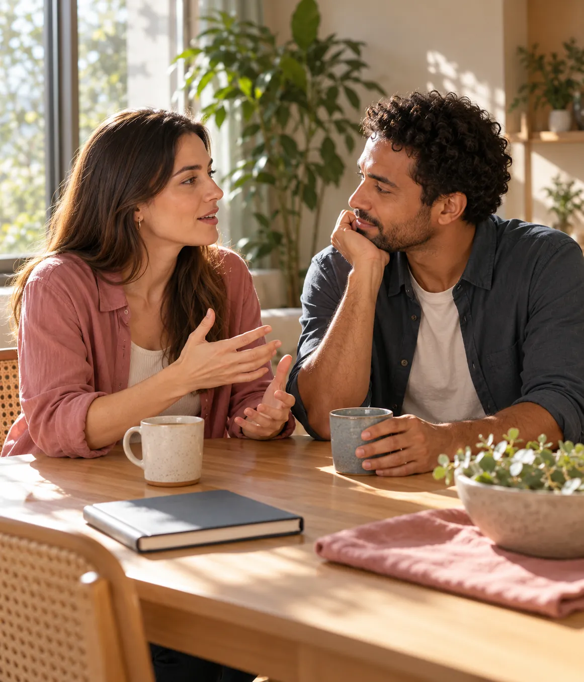 Casal conversa à mesa, com canecas e um caderno, em uma sala iluminada pelo sol.